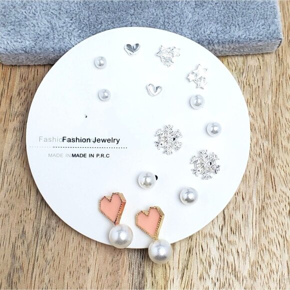 Winter Snowflake Heart Stars Pearl Posts 7 Pairs Earrings - Picture 1 of 4